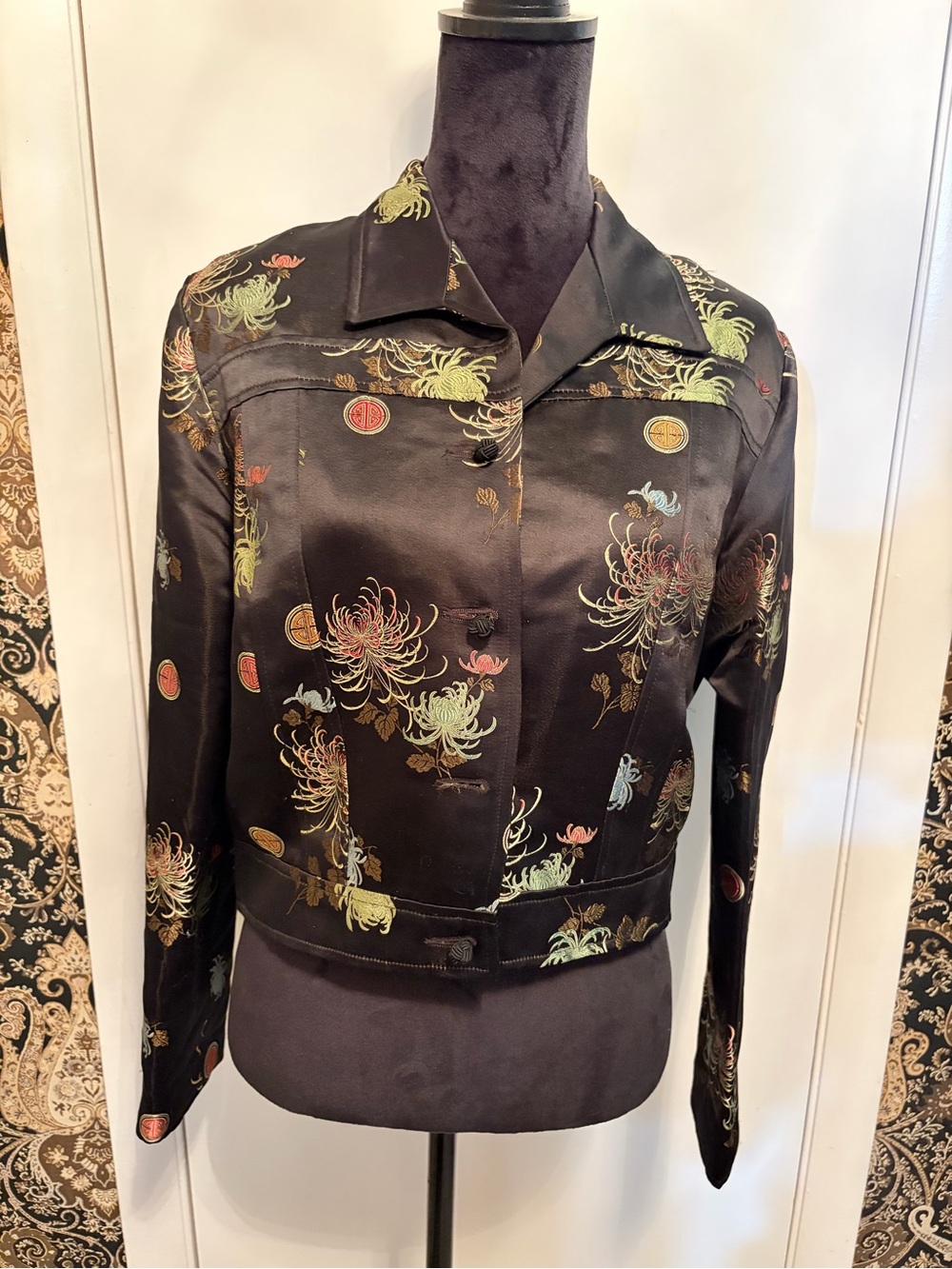 Black Floral Satin Cropped Jacket with eye-catching Satin Chartreuse lining.